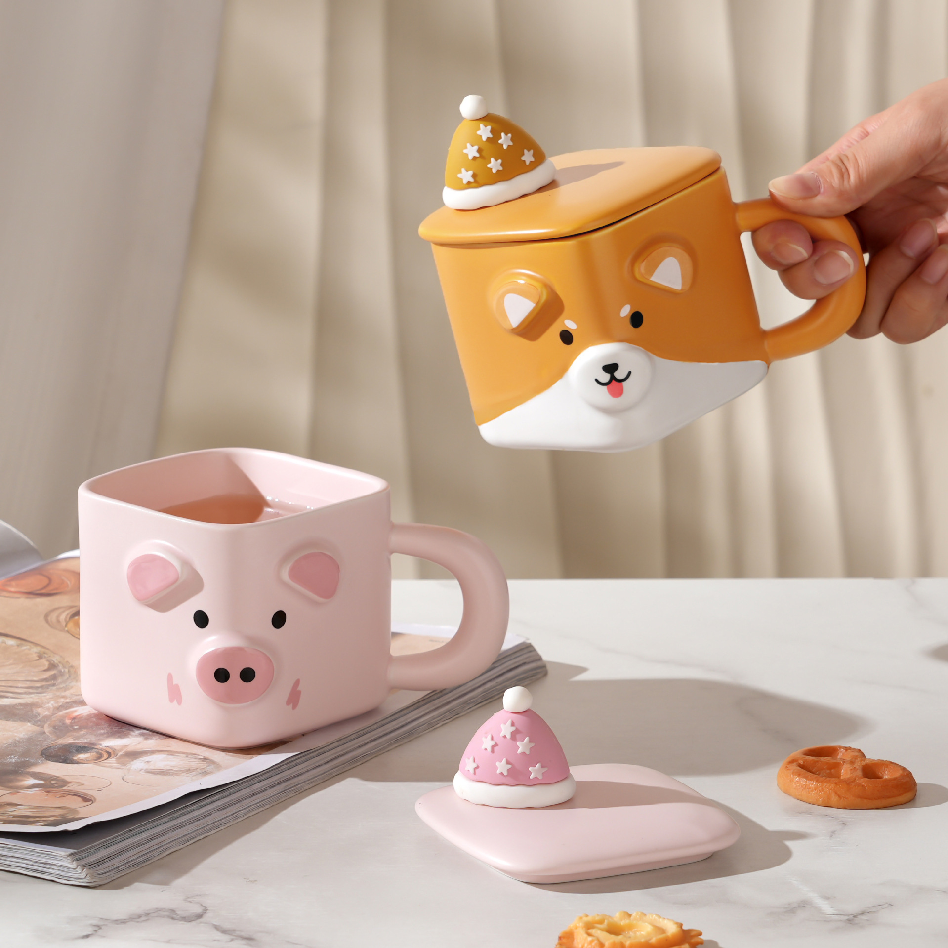 Taza de cerámica animal con forma de mascota linda de dibujos animados creativos con tapa Taza de agua de oficina doméstica de alto valor Taza de pareja