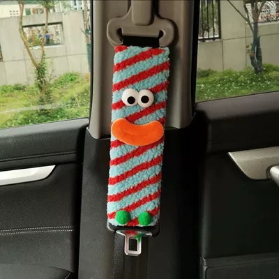 Seat belt shoulder pad – Plush Striped Shoulder Strap Safety - blue-and-red-striped-safety-belt-shoulder-protector-eyes-mouth-jio-style