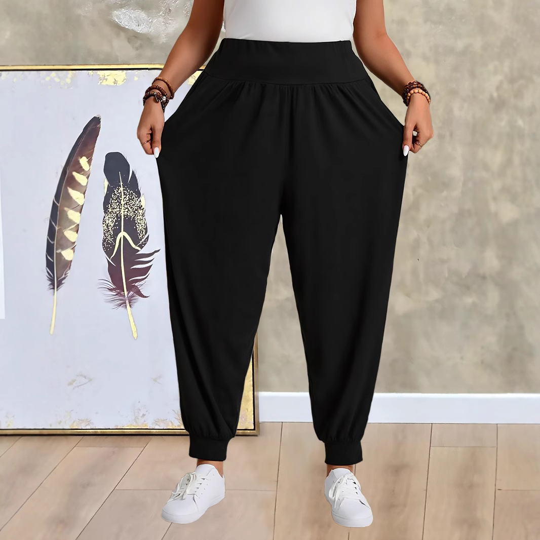 Women's Classic Black Harem Pants Elastic Waistband Side Pockets Soft Milk Silk Feel Comfortable Casual Wide Leg Trousers_ecoleips.com