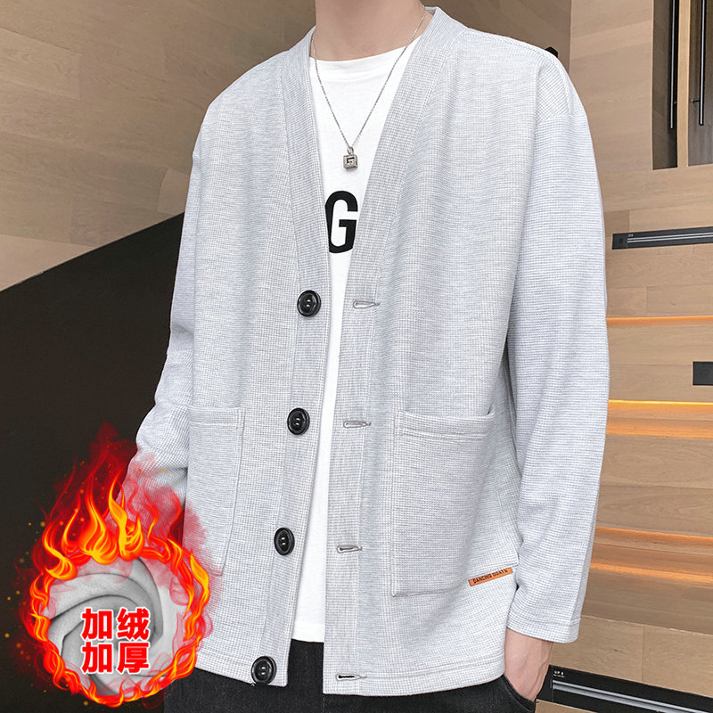 2024 primavera y otoño nueva Chaqueta de punto de galleta ropa exterior suéter con cuello en V estilo coreano de los hombres bolsa de parche tridimensional Chaqueta de traje pequeño