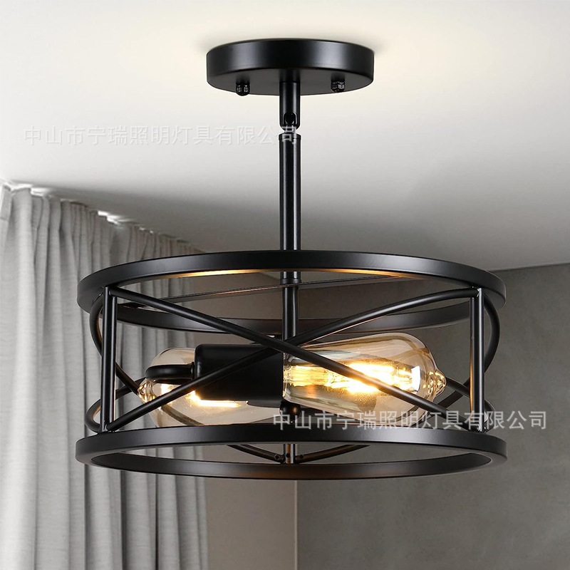 Cross-border Amazon American Industrial Ceiling Lamp Country Retro Study Living Room American Rules Iron Art Semi-recessed Lamps
