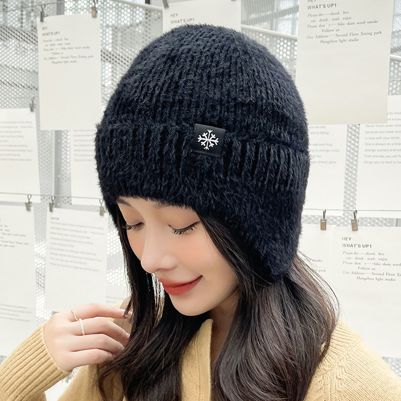 Ins韓国版秋冬新作雪花標女性ニット帽学生日本シンプルベルベット保温毛糸帽耳保護|undefined