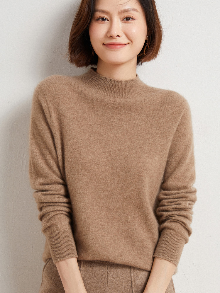 100%純毛セーター、ワンライン仕立て、シームレス、女性用ハーフタートルネック、ゆったりとしたニットセーター、シンプルな通勤スタイル