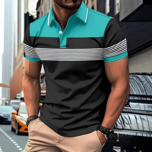 2025 Summer New Digital Printing Western and European Cross-border 3D Polo Shirts High-Quality Striped Short-Sleeve Polo Shirts