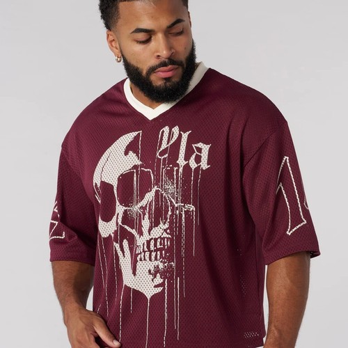 YOUNGLA American Streetwear Oversized T-Shirt for Men, Sporty Fitness Quick-Dry Breathable Mesh Print Short-Sleeve Top