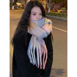 围巾女冬季千鸟格韩系保暖百搭围脖高级感披肩显白防寒拼色洋气