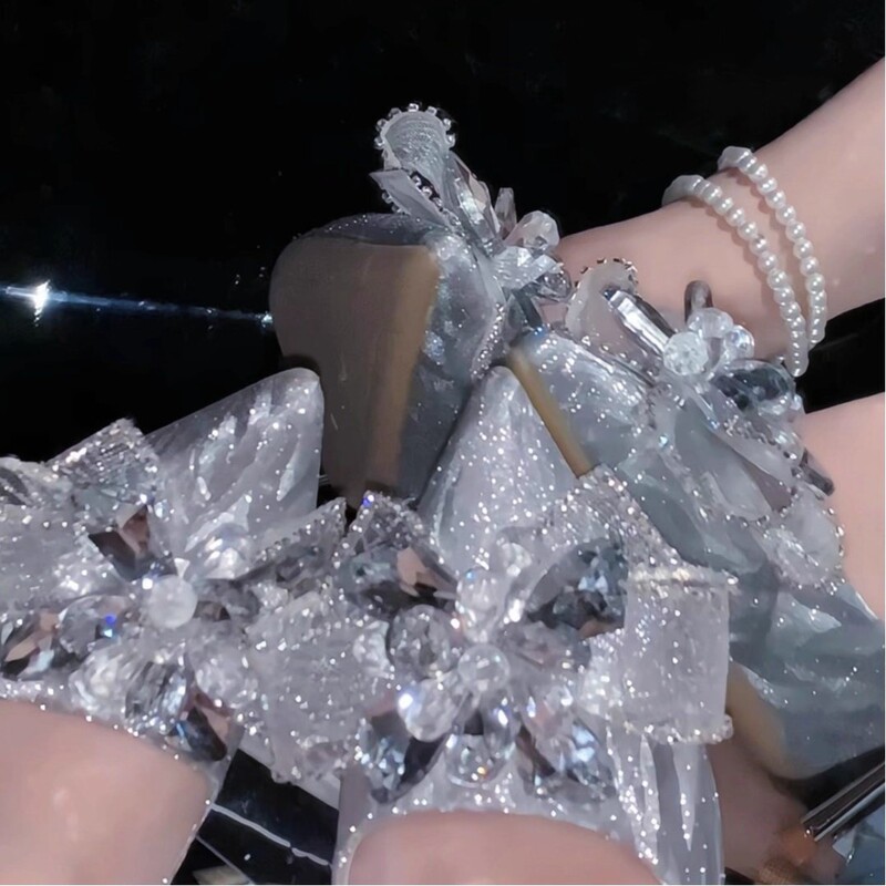 Sparkling Bow Flats, 18-Year-Old Coming-Of-Age Ceremony Silver High Heels, Women's Stiletto Crystal Wedding Banquet Bridal Shoes