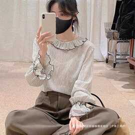 大码纹长袖雪纺衬衫女2025春秋新款衬衣感喇叭袖娃娃衫上衣