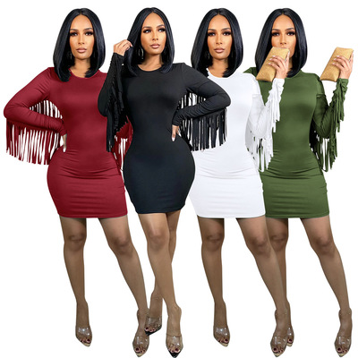 women singer jazz latin dance fringe dresses dark green black white sexy fashion winter long sleeve pure color tassel tight package hip night club bar dress