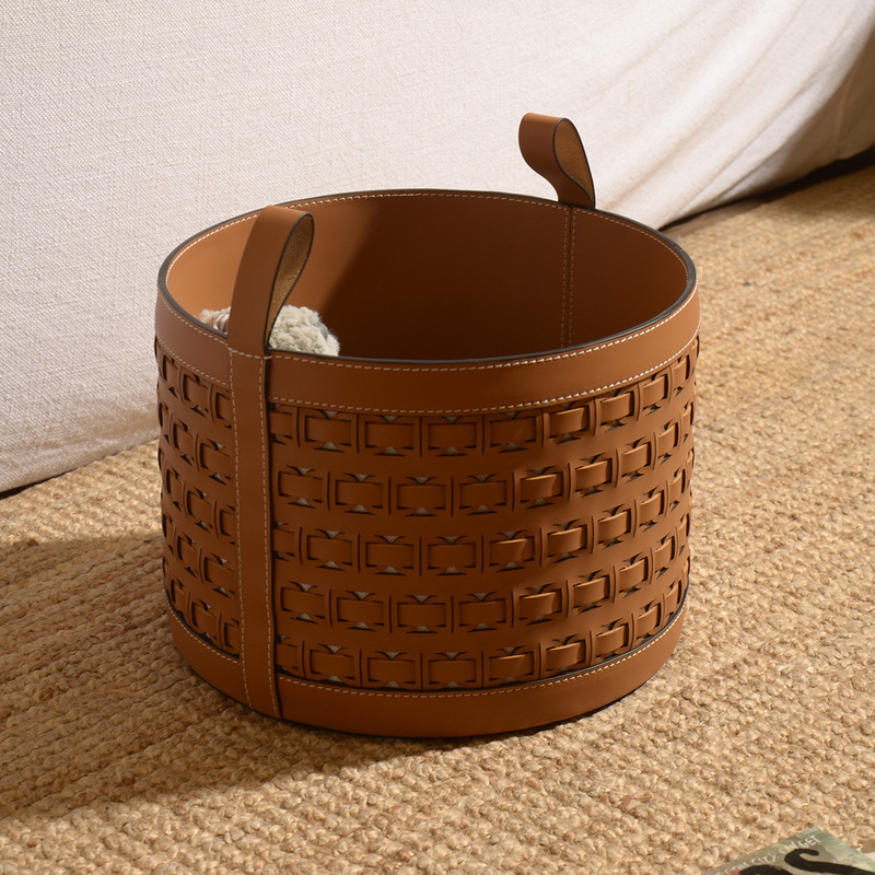 Light Luxury Leather Storage Basket for Home Living Room Storage Hand-Woven Storage Basket Sundry Bucket with Handle Storage Basket