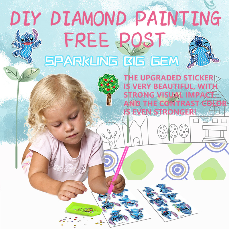 Pintura de diamantes creativa DIY de Temu Stitch, pegatinas aleatorias decorativas de dibujos animados, pintura de diamantes hecha a mano, pegatinas de puntos de diamantes.