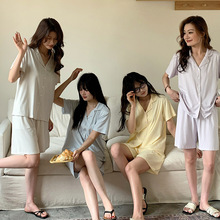 森岛 夏季桑蚕丝家居服女短袖短裤两件套宽松纯色超柔软外穿睡衣