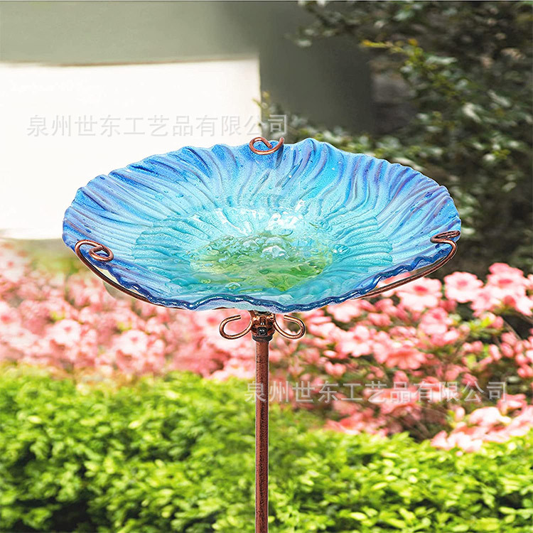 世东跨境地插热熔玻璃鸟浴盆牧羊钩喂鸟器户外花园庭院喂水器摆件