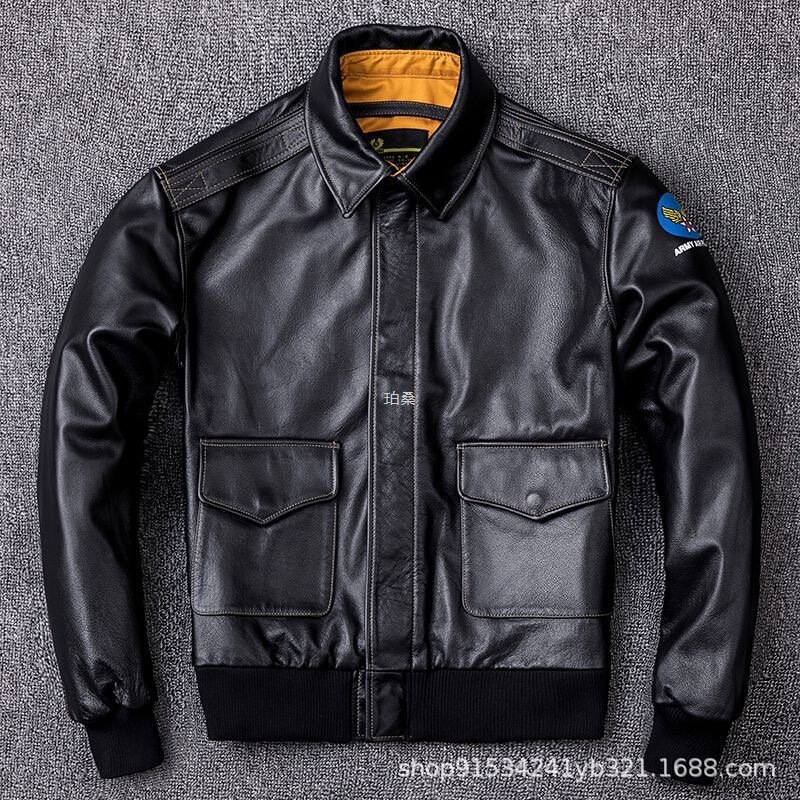 First-Layer Cowhide Genuine Leather Jacket for Men, A2 Pilot Air Force Leather Jacket, Large Size, Black and Brown, in Stock, with a Turn-Down Collar