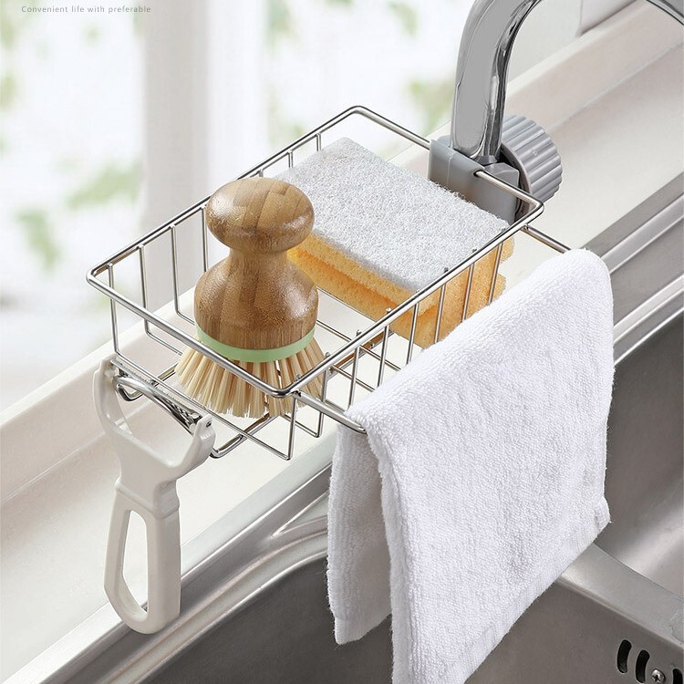 Household Sponge Dishcloth Dishwashing Rack Hanging Basket Faucet Storage Rack Kitchen Stainless Steel Sink Storage Rack