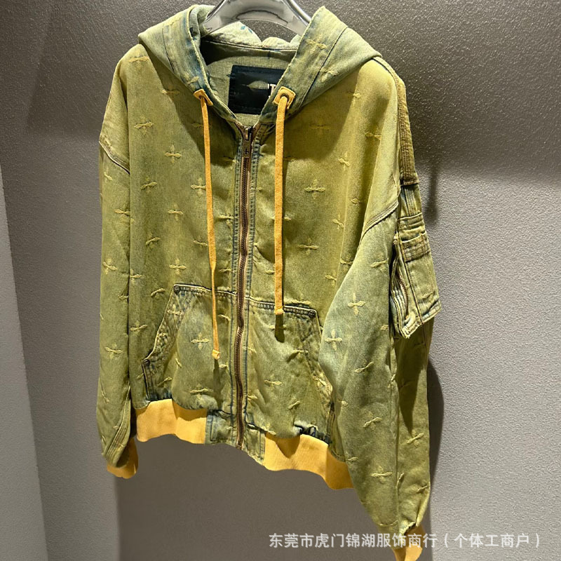 SMFK神殿花园牛仔阔身帽衫时尚重工抽绳上衣提花复古连帽开衫外套|undefined
