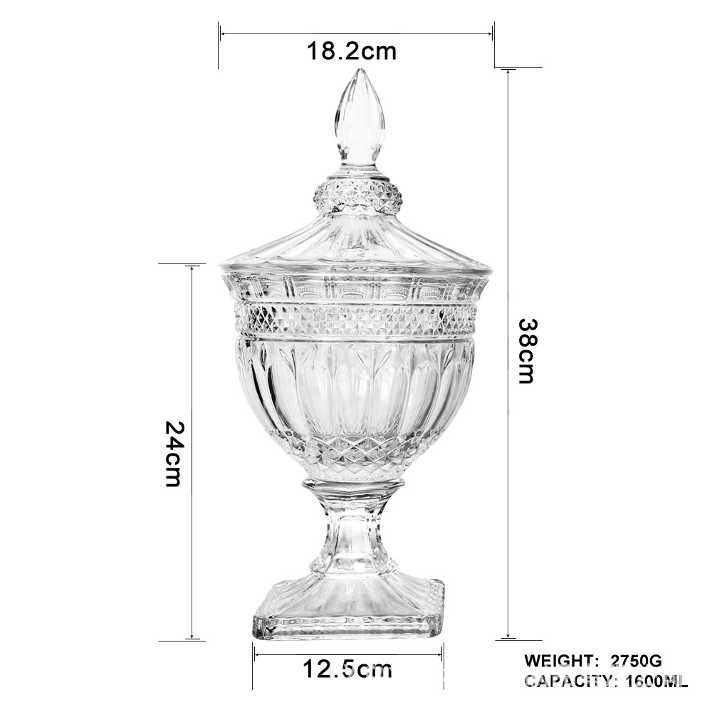 Estilo europeo retro en relieve caja de dulces de vidrio copa de caramelo tarro caja de fruta seca con tapa caja de almacenamiento tarro de almacenamiento en el hogar