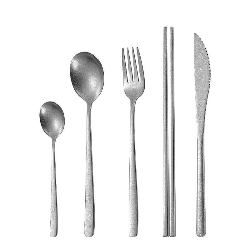 Retro hacer viejos 304 cubiertos de acero inoxidable cuchillos y tenedores cucharas conjuntos de estilo japonés retro textura mate cucharas y tenedores palillos al por mayor