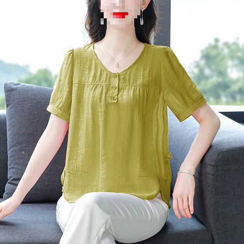 Summer Mother Thin Cotton Linen Top Stylish Versatile Slimming Short Sleeve Chiffon Shirt With Elegance Youthful Women's Shirt