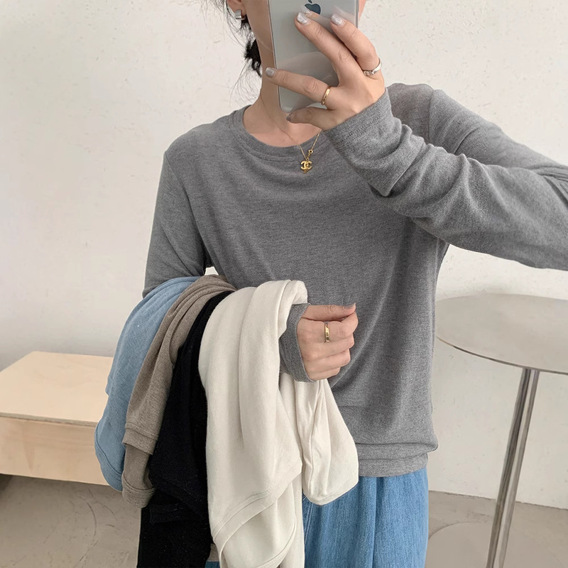 Skin-Friendly Girlfriend's Soft Waxy Crewneck Solid Color Long-Sleeved Base Shirt Women's Autumn Loose Slimming Solid Color T-Shirt