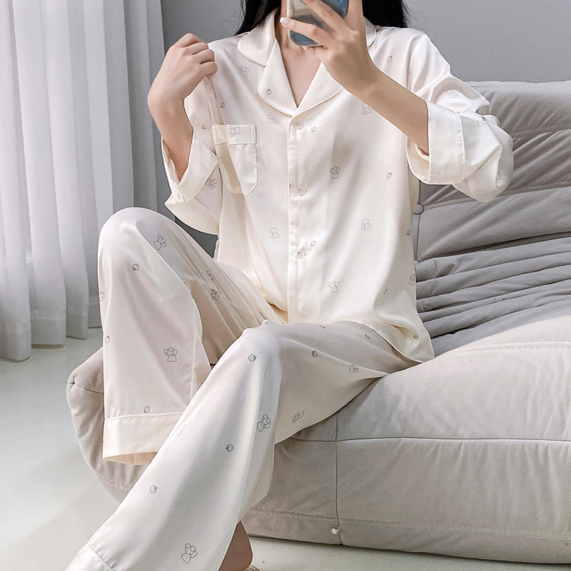 Ice and Snow Silk Spring and Autumn New Pajamas Women's Long Sleeve Simulated Silk Physical Store Resale Casual Casual Large Size Home