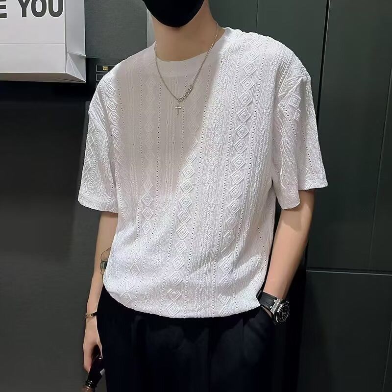 新しいジャカード半袖Tシャツメンズ2025夏トレンディハンサムイン多用途ルーズテクスチャードラウンドネックハーフスリーブ|undefined