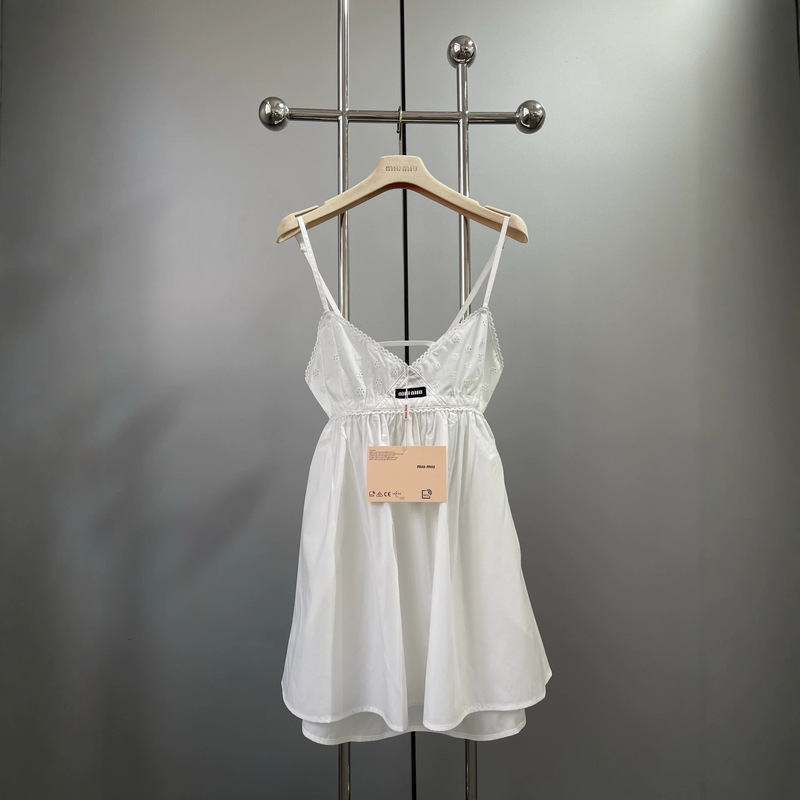 miu high-end version 2026 summer new letter logo hollow embroidered lace strap dress for women