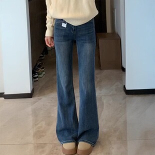 Pear-Shaped Figure Dark Blue Bootcut Jeans for Women Spring New Large Size Fat High Waist Slimming Elastic Flared Pants