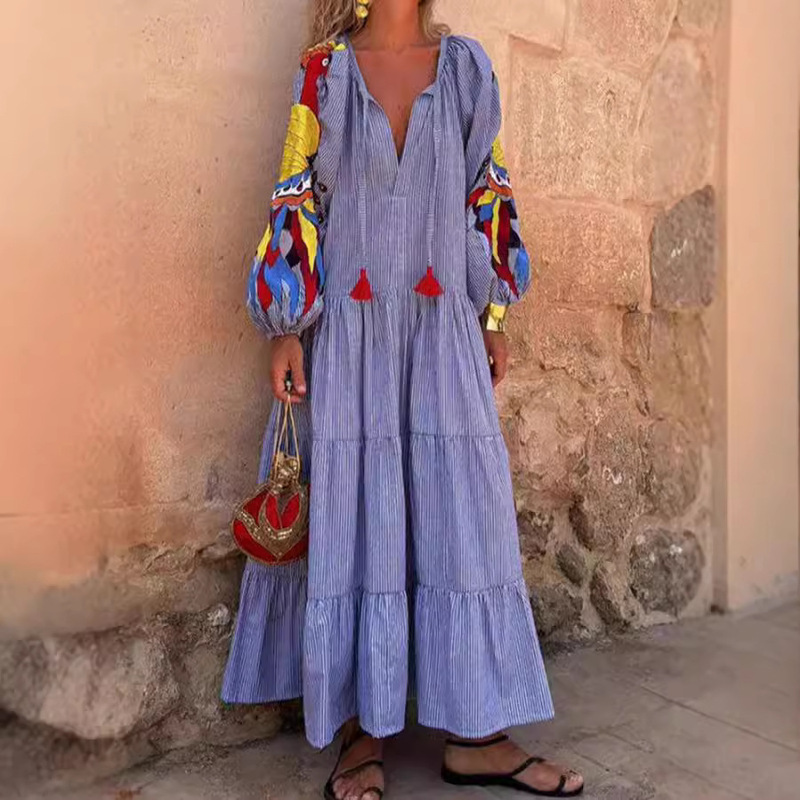 Independent Brand European and American Spring/Summer Long-Sleeve Cross-Border New V-Neck Lantern Sleeve Striped Print Dress Nq3454