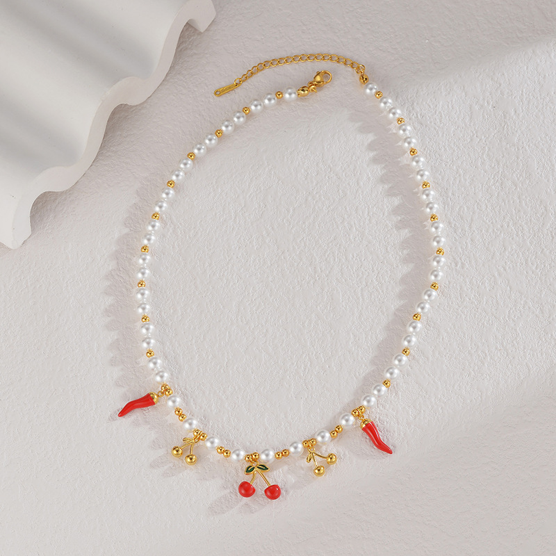 Women's Gender Women's 304 Stainless Steel Imitation Pearl Beaded Chain Cherry Strawberry Chili Multi Charms Necklace Imitation Pearl Jewelry