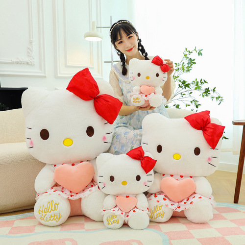 New Cartoon Heart Hello KT Cat Plush Toy Doll Girl Heart Bow Cat Pillow as a Gift for Girlfriend