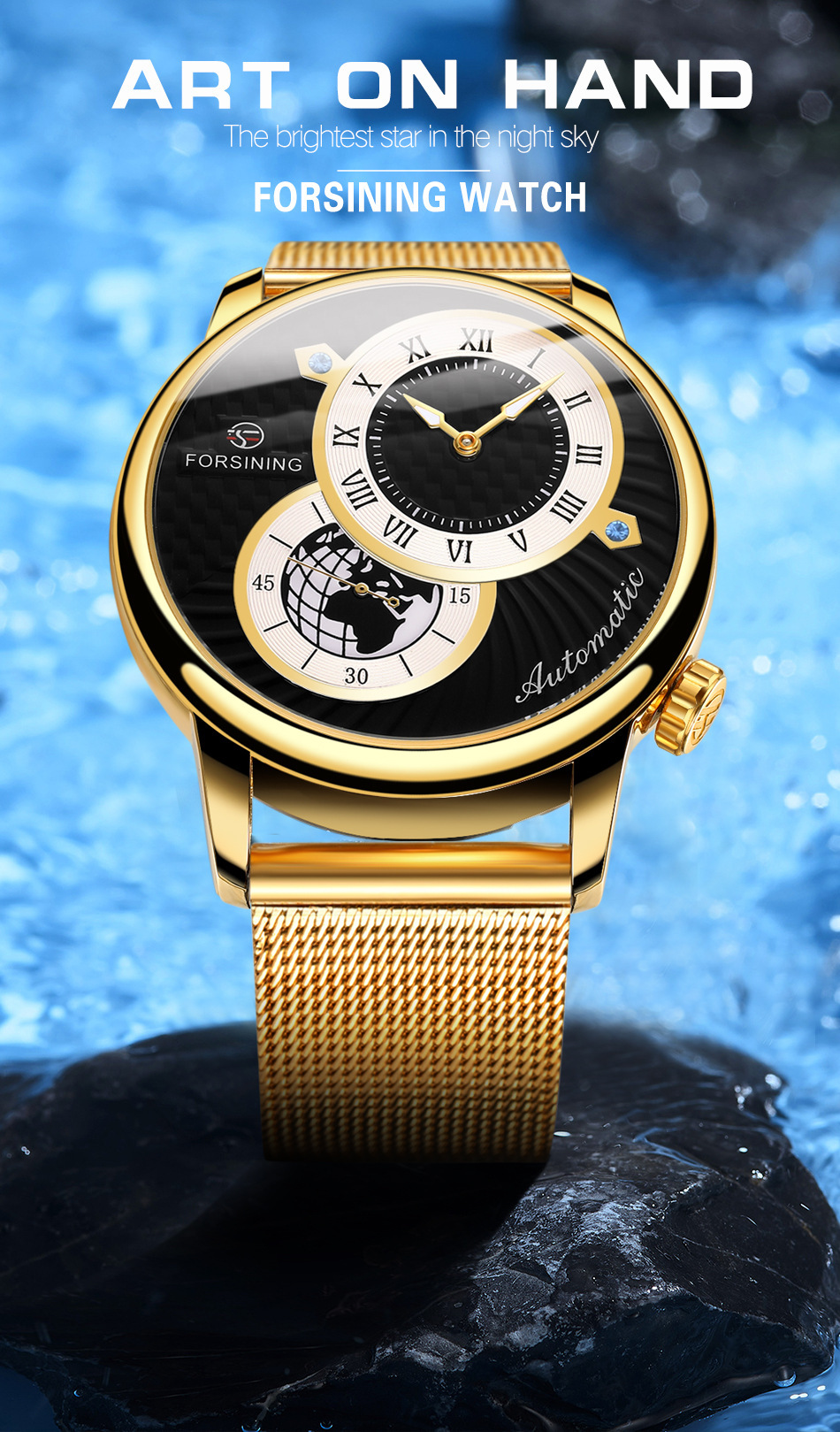 Men's Mechanical Watch With Earth Pattern And Leather Steel Strap_voghion.com