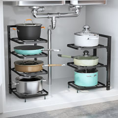 Kitchen pot and pan storage rack cabinet internal layered shelf corner multi-layered countertop sink pot holder pot stand