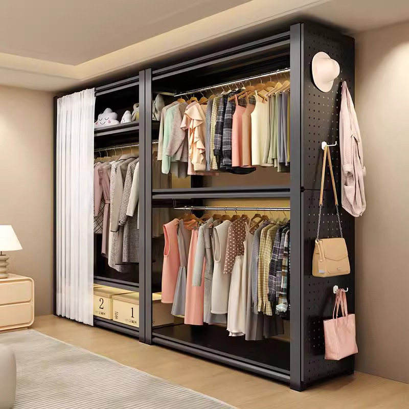 Household Storage Rack Shelf Wardrobe Simple Assembly Open Bedroom Hanger Household Balcony Storage Iron Shelf
