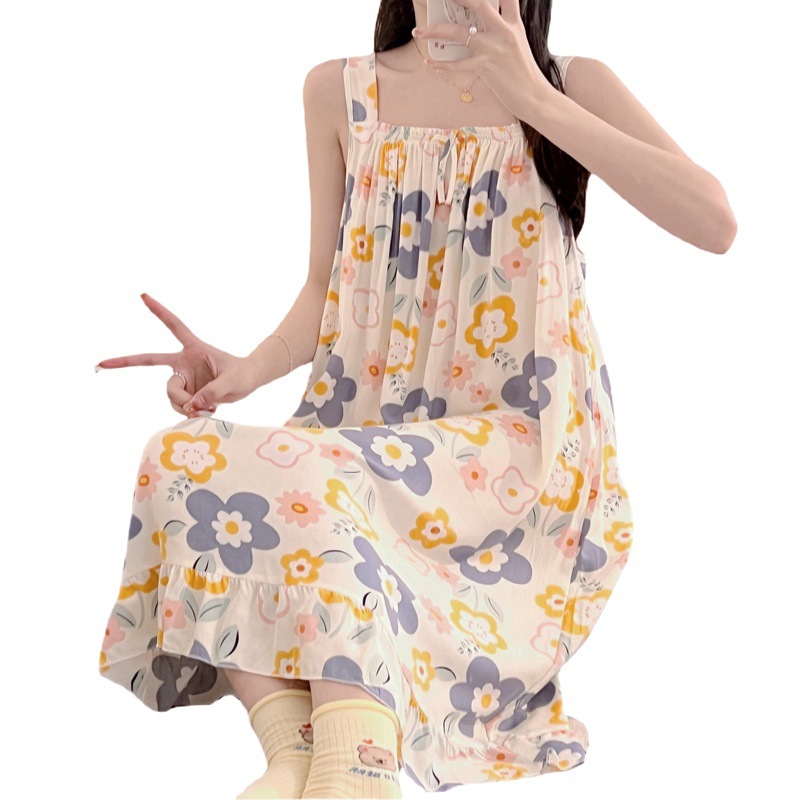 Camisón de seda de algodón de verano para mujer Pijamas dulces lindos puro deseo ins estilo delgado sexy vestido de Honda de seda de algodón artificial