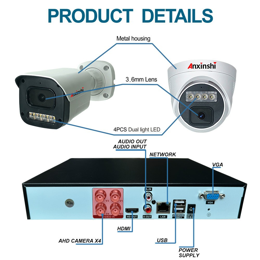 4-Kanal AHD Kamera DVR Set 2MP/5MP mit Nachtsicht