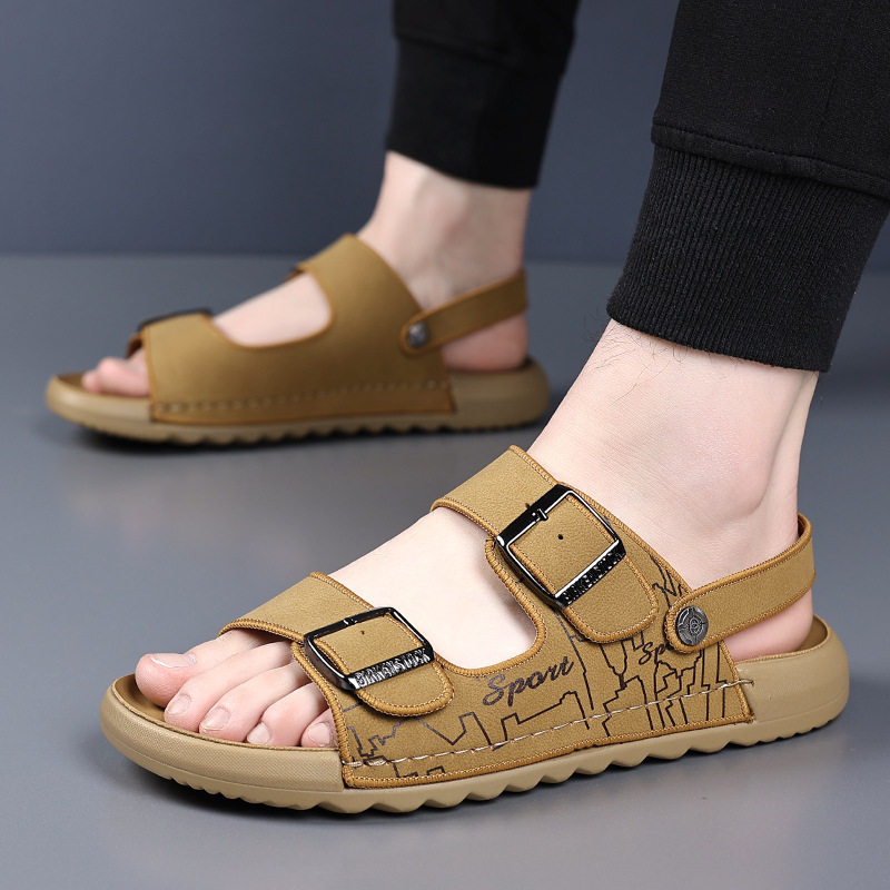 Dép sandal nam quai ngang hở mũi đế mềm, kiểu lười hai cách mang, thoáng khí chống trượt — 6666 màu kaki, 6666 màu vàng, 6666 màu xám