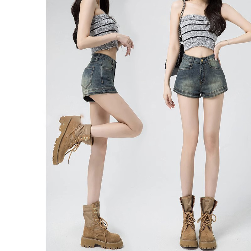 American Retro Denim Shorts for Women in Summer, Thin Outer Wear, High-Waisted, Tight-Fitting, Elastic A-Line Ultra-Short Sexy Hot Pants