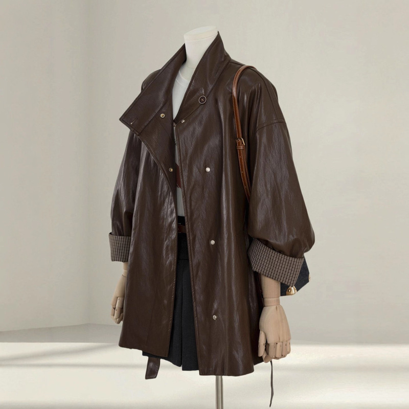 Textured Brown Leather Jacket for Women 2025 Spring and Autum New Loose Slimming Look Lace-Up Leather Jacket Top