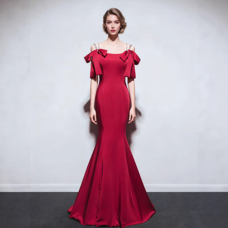 Foreign Trade Toast Dress for Bride 2026 Style European and American Ball Gown Evening Wedding Sexy Mermaid Red Dress Women's Satin Wedding Dress