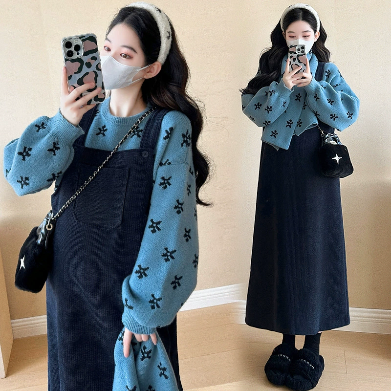 Осенний и зимний бархатный утолщение набор для беременных цветочный свитер нагрудник для беременных вельветовый вельвет плюс бархат юбка из трех частей