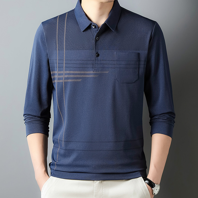 Otoño camisa de fondo superior delgada de manga larga para hombres jóvenes y de mediana edad solapa bolsillo real camiseta casual papá hombres