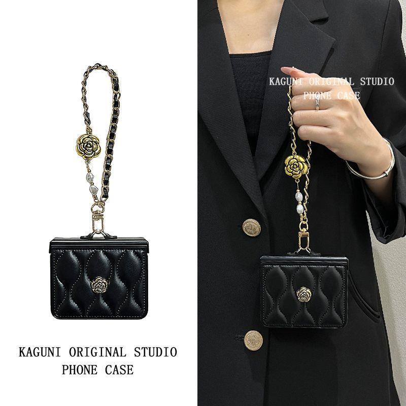 Chanel-Style Wave Pattern Suitable for Huawei Pura X Phone Case, Foldable Screen Z Flip 7 Camellia Flower Lanyard Protective Cover