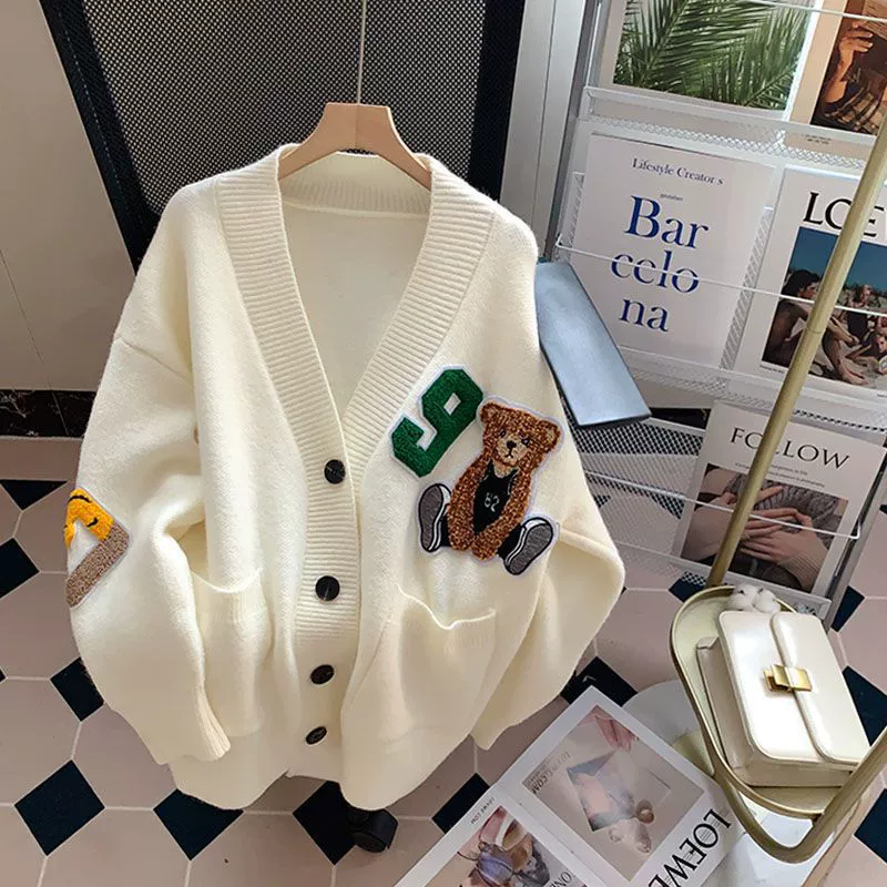 Женское пальто-свитер с мультяшным медведем в японском стиле, осень и зима 2023, Новый Свободный Топ в студенческом стиле, вязаный кардиган, пальто