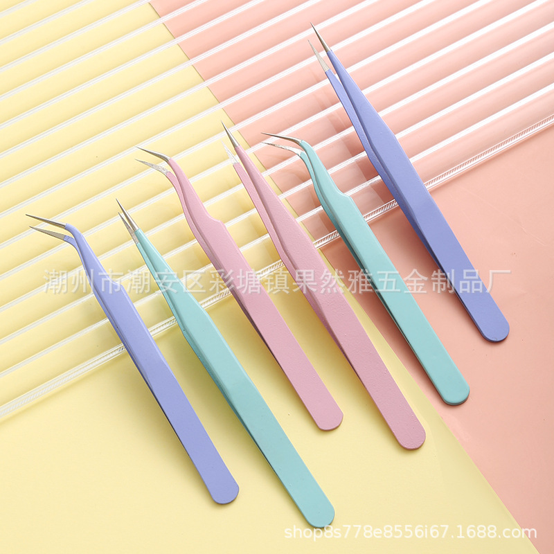 厂家直销不锈钢1.5彩色镊子马卡龙手帐镊子粉色紫色蓝色弯头直头