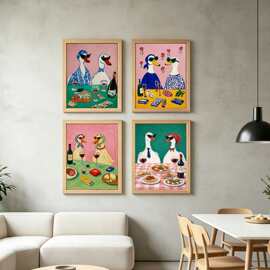 复古搞怪鸭子静物油画可爱卡通聚餐小鸭挂画民宿餐厅装饰画批发