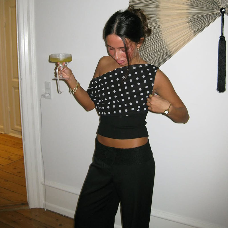 Haut d'été pour femmes, style rétro, doux, pois, sexy, asymétrique, épaule dénudée, taille courte 12 O1CN01XZzS9W2JpmBnIgqI6 !!2218239519471 0 cib