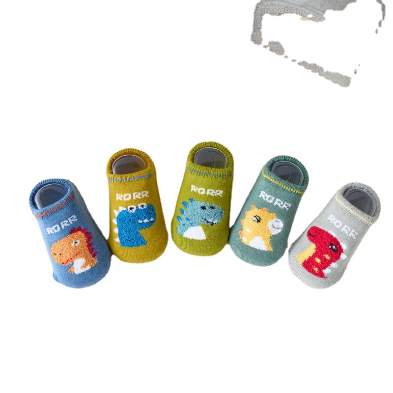 韩版宝宝地板袜 卡通加绒加厚恐龙秋冬婴幼儿硅胶防滑学步袜