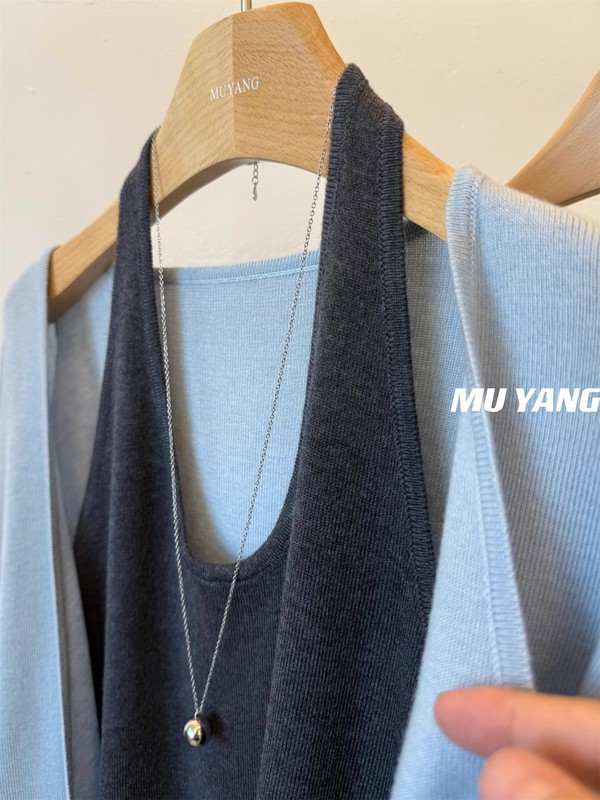 温柔蓝色拼灰背心 绑带假两件针织衫开衫 女假套式毛衣女|undefined