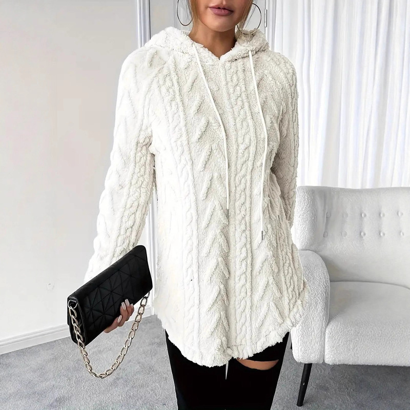 2025 European and American Cross-Border Export Women's Pure Color Hooded Jacquard Long-Sleeved Sweatshirt Jacket Slim Drawstring Furry Sweatshirt 2025 European and American Cross-Border Export Women's Pure Color Hooded Jacquard Long-Sleeved Sweatshirt Jacket Slim Drawstring Furry Sweatshirt